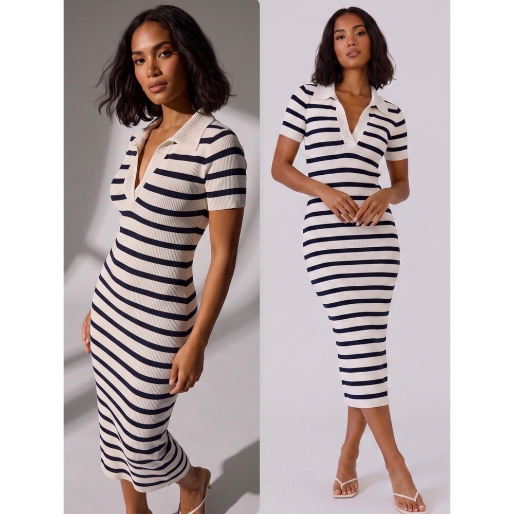 Caroline Constas Gina Knit Striped Dress White Navy Blue Midi Polo Collar S